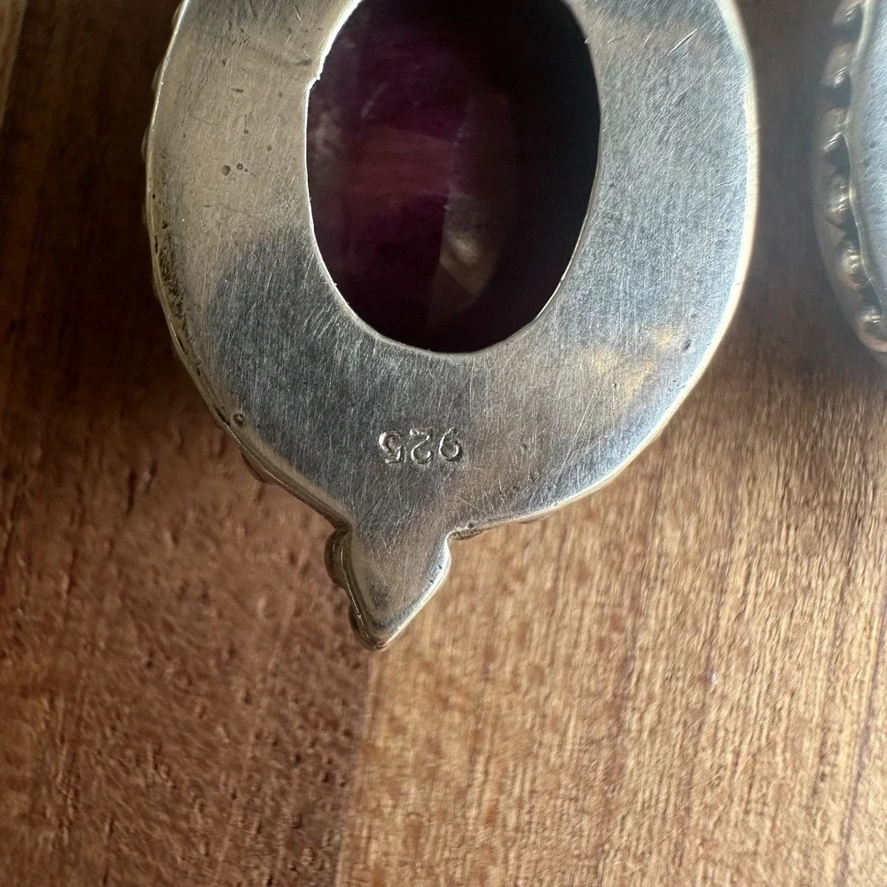 Vintage Artisan Stud Dangle Earrings 1.3 Inch Ruby Pearl 925 Sterling 10.4g‎